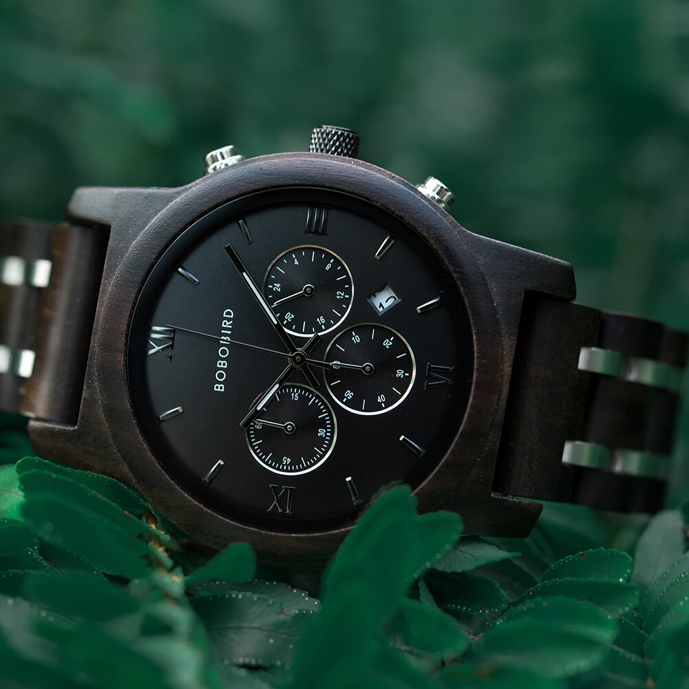 Bobobird Wood Watch. Quartz, Stainless Steel Band Chronograph.