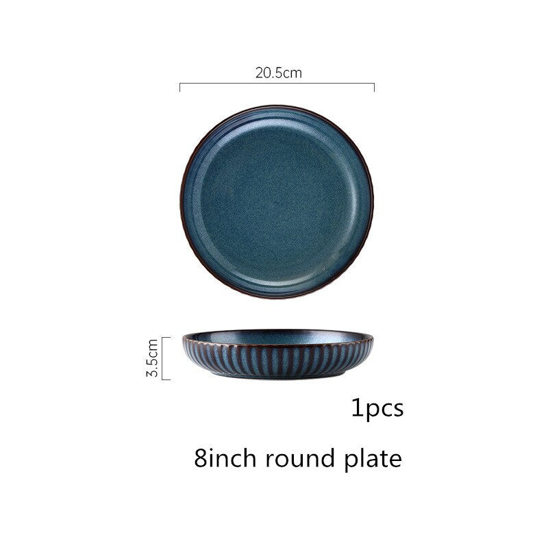 Blue Tableware Set Kiln Glazed Ceramic Rice Salad Round Dish Dinner Plate Fish Plate Dinnerware