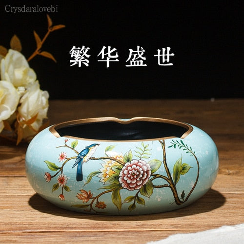 Chinese Retro Ceramic Large Ashtray with Lid. Modern Minimalist Living Room Decoration.