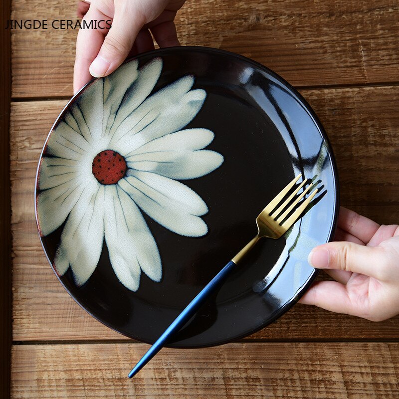 Kiln Glaze Hand-painted Flowers Ceramic Plates. Decorative Tableware Plate