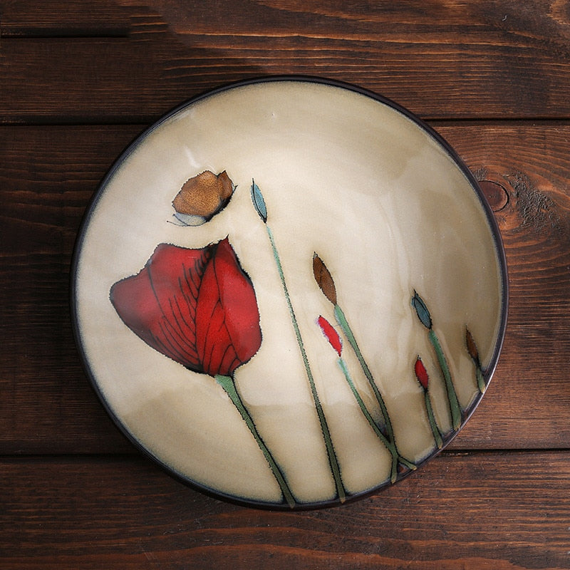 Kiln Glaze Hand-painted Flowers Ceramic Plates. Decorative Tableware Plate