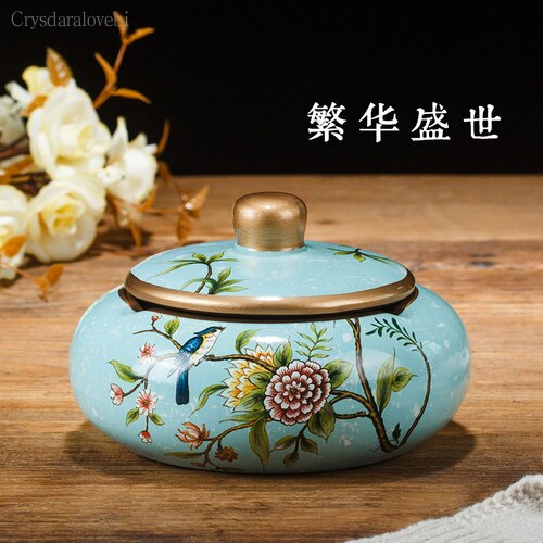 Chinese Retro Ceramic Large Ashtray with Lid. Modern Minimalist Living Room Decoration.