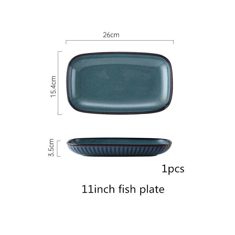 Blue Tableware Set Kiln Glazed Ceramic Rice Salad Round Dish Dinner Plate Fish Plate Dinnerware