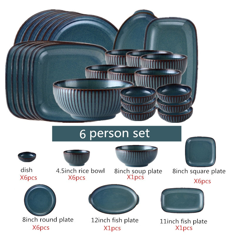 Blue Tableware Set Kiln Glazed Ceramic Rice Salad Round Dish Dinner Plate Fish Plate Dinnerware