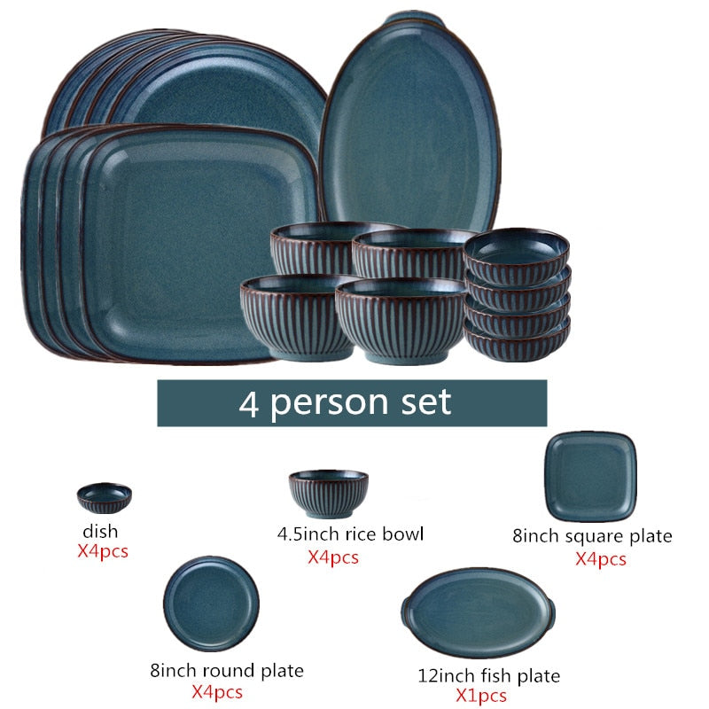 Blue Tableware Set Kiln Glazed Ceramic Rice Salad Round Dish Dinner Plate Fish Plate Dinnerware