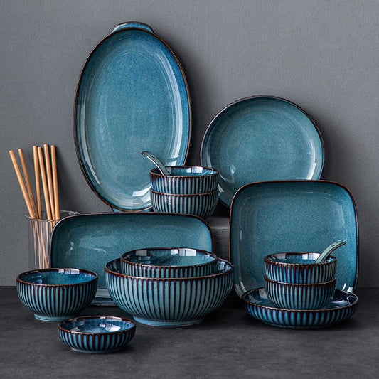 Blue Tableware Set Kiln Glazed Ceramic Rice Salad Round Dish Dinner Plate Fish Plate Dinnerware