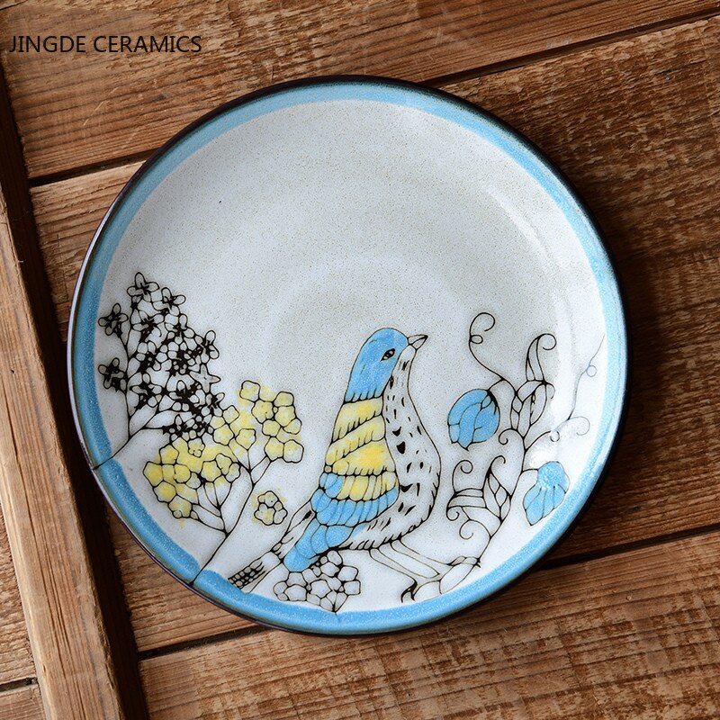 Kiln Glaze Hand-painted Flowers Ceramic Plates. Decorative Tableware Plate