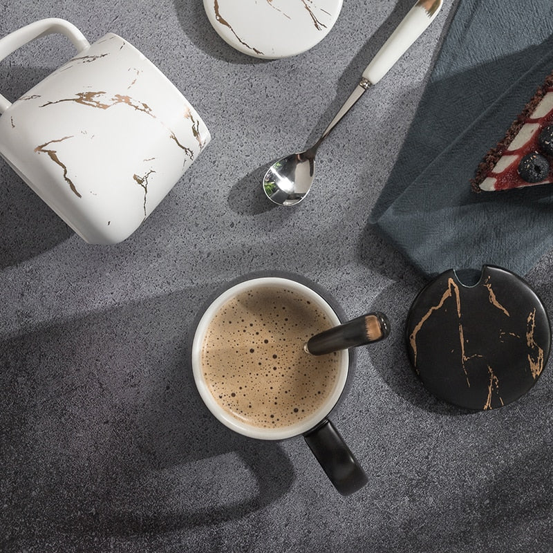 Marble Couple Cup 420ML. Ceramic coffee mug with spoon.