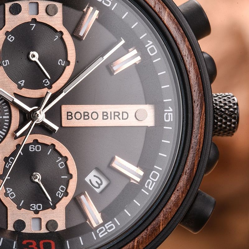 BOBO BIRD Stylish Chronograph Watches in Wooden Box.