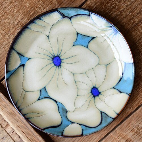 Kiln Glaze Hand-painted Flowers Ceramic Plates. Decorative Tableware Plate