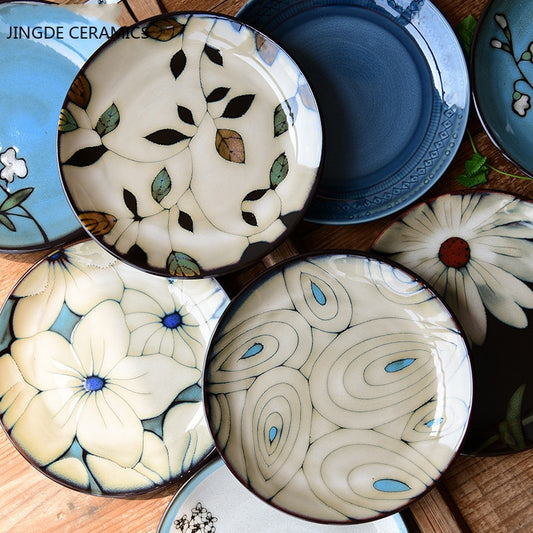 Kiln Glaze Hand-painted Flowers Ceramic Plates. Decorative Tableware Plate