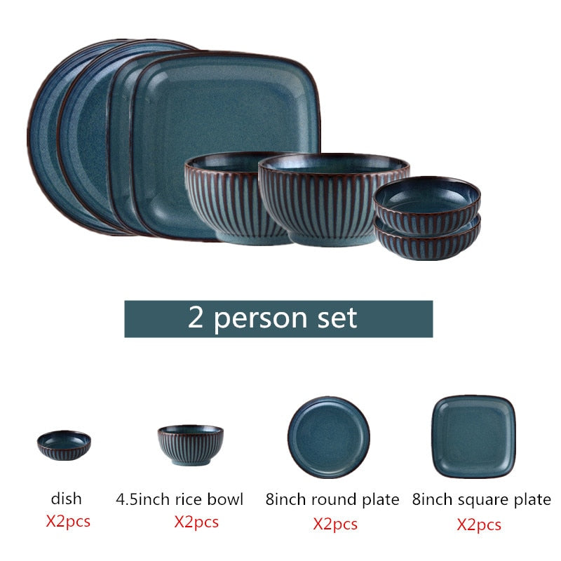 Blue Tableware Set Kiln Glazed Ceramic Rice Salad Round Dish Dinner Plate Fish Plate Dinnerware