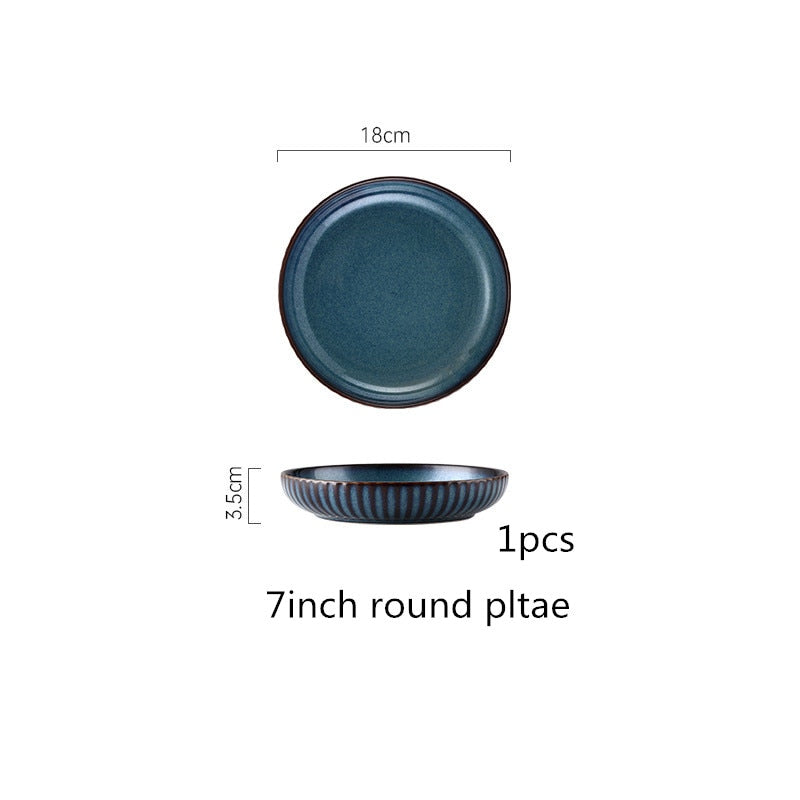 Blue Tableware Set Kiln Glazed Ceramic Rice Salad Round Dish Dinner Plate Fish Plate Dinnerware