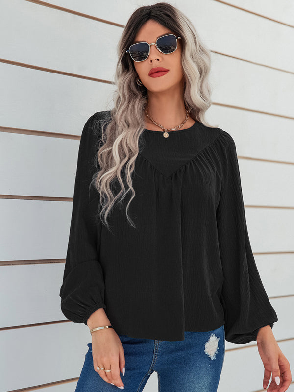 Women's casual loose round neck solid color pullover shirt