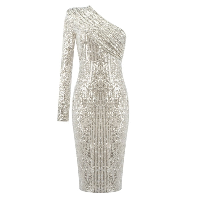 Golden Platinum Shoulder Dress - Sequins and Mesh Patchwork