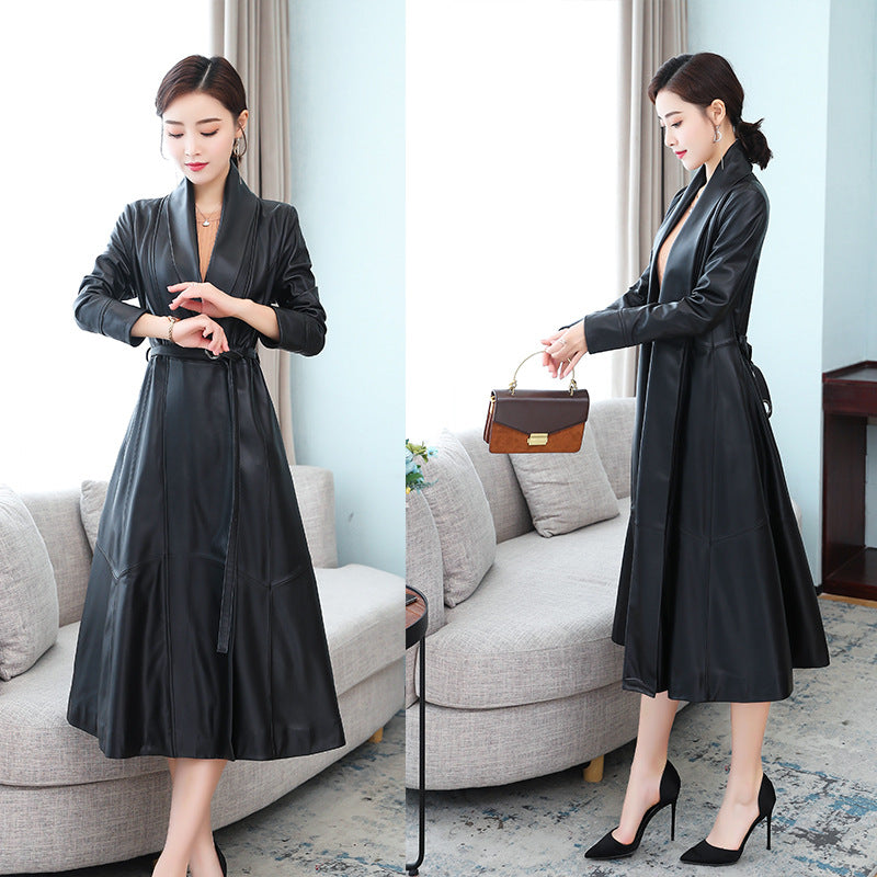 Leather Sheep Skin Long Slim Fashion Coat