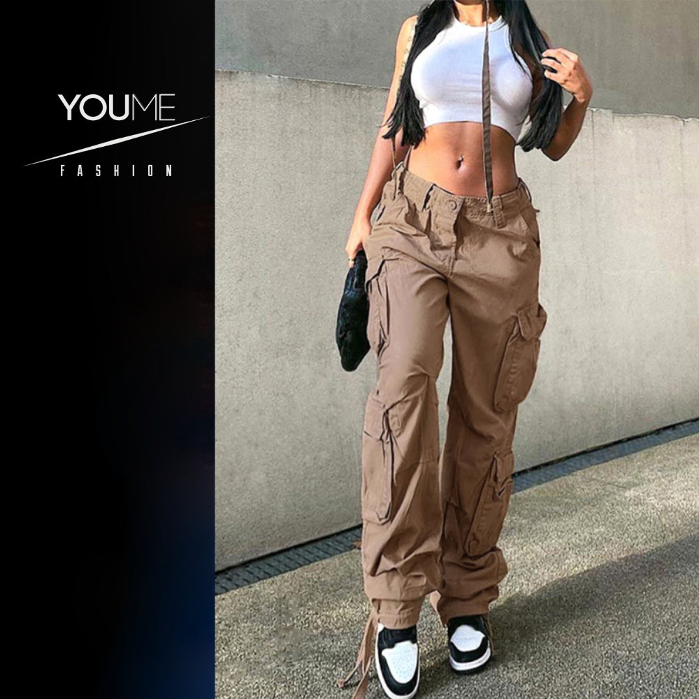 Women's Straight High Waist Loose Wide Leg Retro Cargo Pants