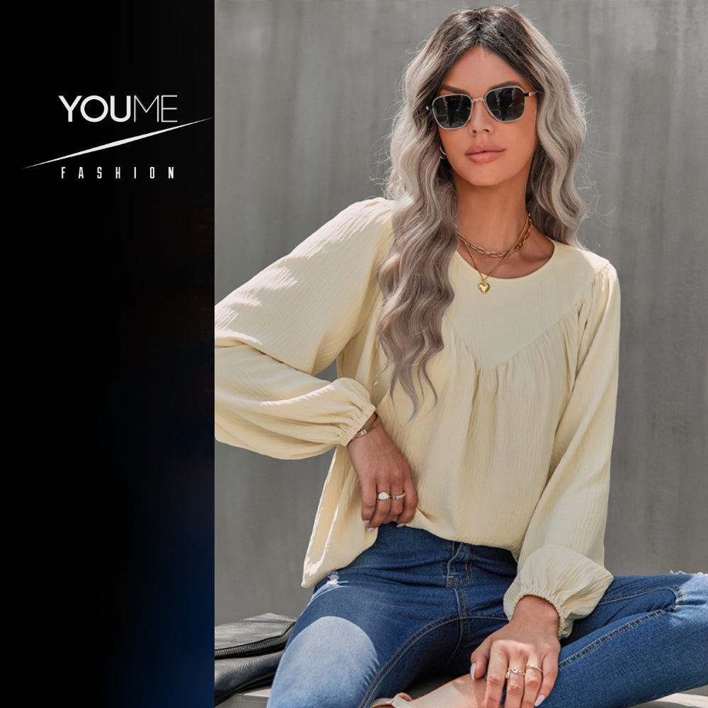 Women's casual loose round neck solid color pullover shirt