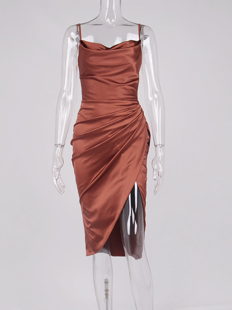 Midi Satin Dress, Split Adjustable Strap