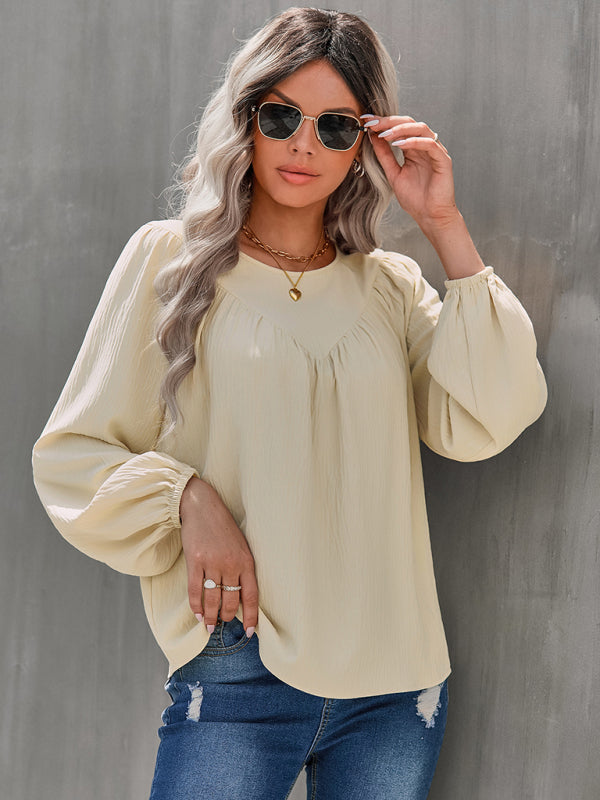 Women's casual loose round neck solid color pullover shirt