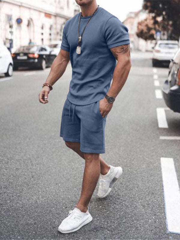 New Men's Casual Solid Color Short Sleeve Shorts Two-Piece Set