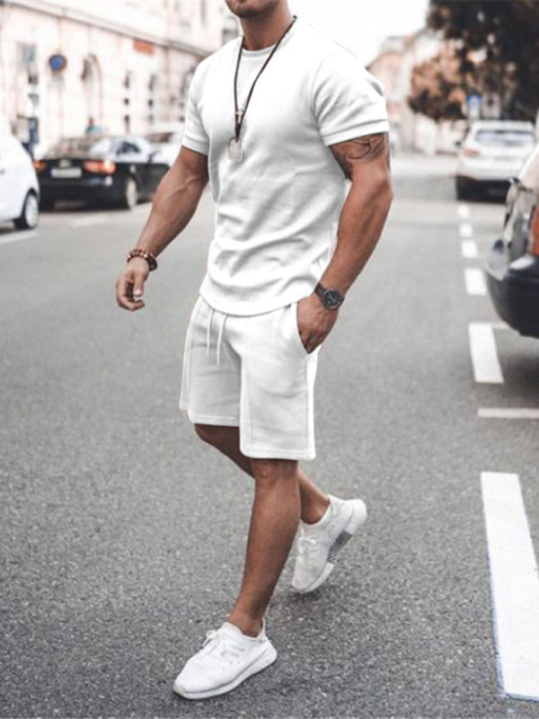 New Men's Casual Solid Color Short Sleeve Shorts Two-Piece Set