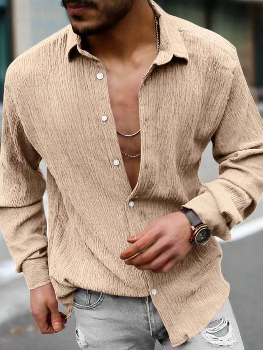 Men's Solid Color Casual Lapel Long Sleeve Shirt