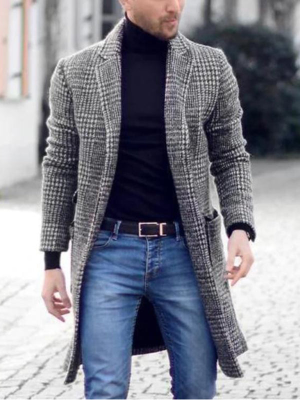 Timeless Elegance: Men's Rustic Houndstooth Youth Woolen Mid-Length Coat