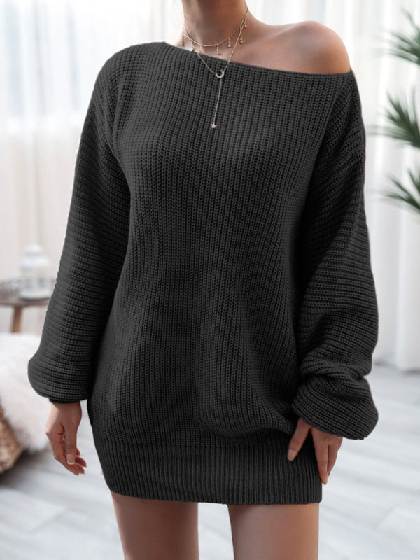 Women's straight neck casual loose knit wool style dress