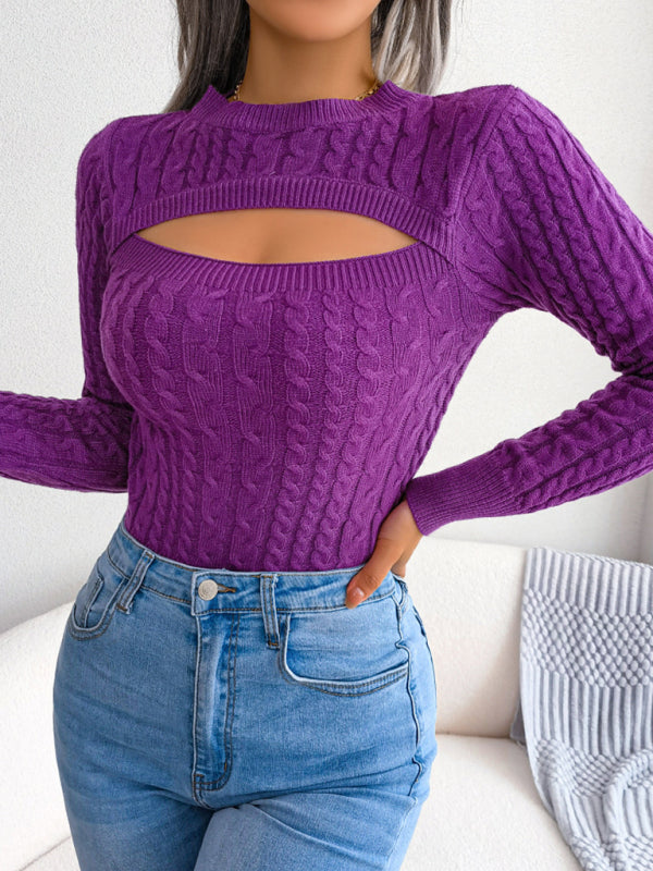 Women's Crew Neck Cutout Twist Long Sleeve Sweater