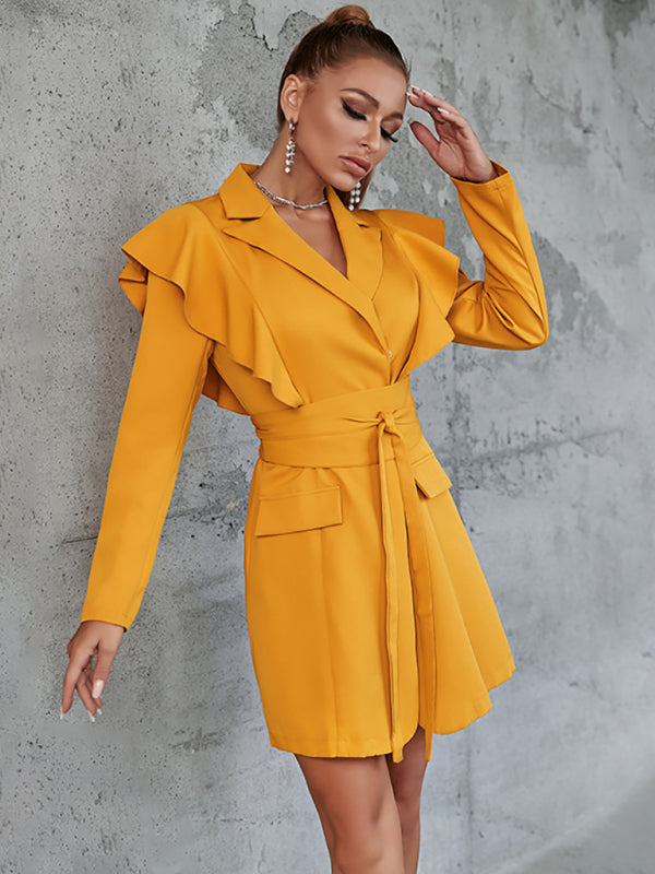 Women's casual waist tie ruffle long sleeve suit dress