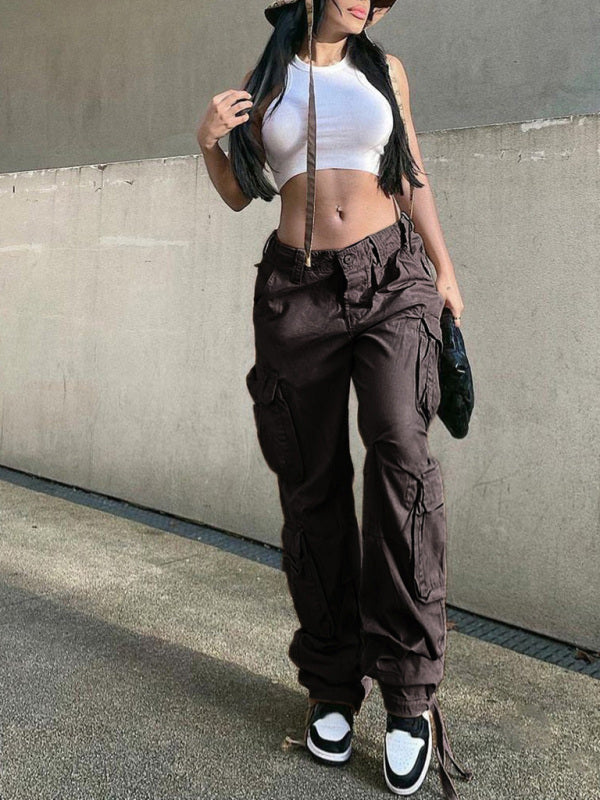 Women's Straight High Waist Loose Wide Leg Retro Cargo Pants