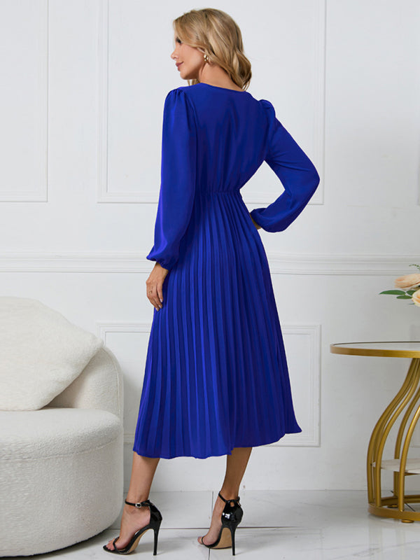 Women's V-Neck Maxi Dress with Faux-Wrap Styling, Belt at Waist, and Pleated Long Sleeves – Shop Now!