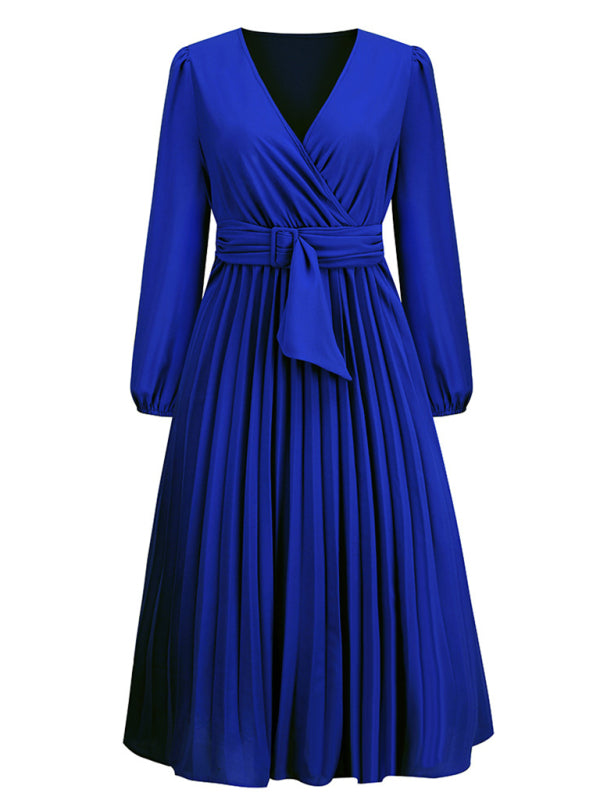 Women's V-Neck Maxi Dress with Faux-Wrap Styling, Belt at Waist, and Pleated Long Sleeves – Shop Now!