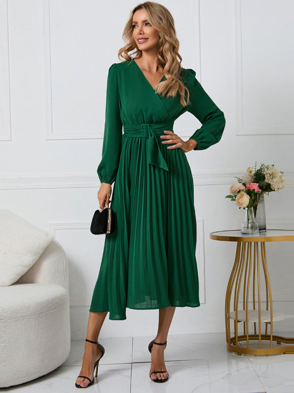 Women's V-Neck Maxi Dress with Faux-Wrap Styling, Belt at Waist, and Pleated Long Sleeves – Shop Now!