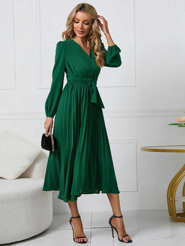 Women's V-Neck Maxi Dress with Faux-Wrap Styling, Belt at Waist, and Pleated Long Sleeves – Shop Now!