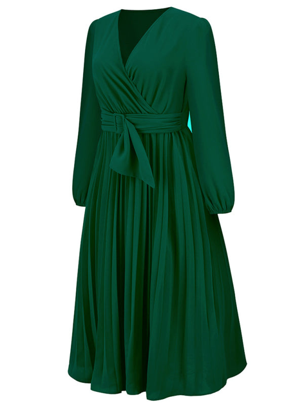 Women's V-Neck Maxi Dress with Faux-Wrap Styling, Belt at Waist, and Pleated Long Sleeves – Shop Now!