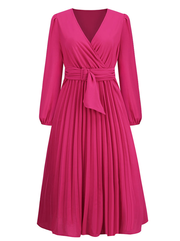 Women's V-Neck Maxi Dress with Faux-Wrap Styling, Belt at Waist, and Pleated Long Sleeves – Shop Now!