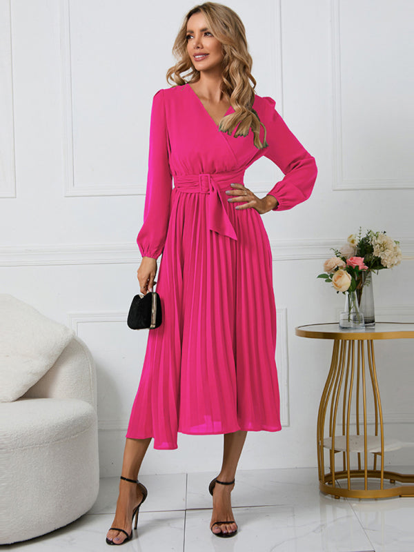 Women's V-Neck Maxi Dress with Faux-Wrap Styling, Belt at Waist, and Pleated Long Sleeves – Shop Now!