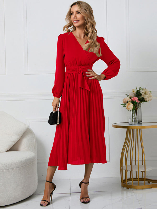 Women's V-Neck Maxi Dress with Faux-Wrap Styling, Belt at Waist, and Pleated Long Sleeves – Shop Now!