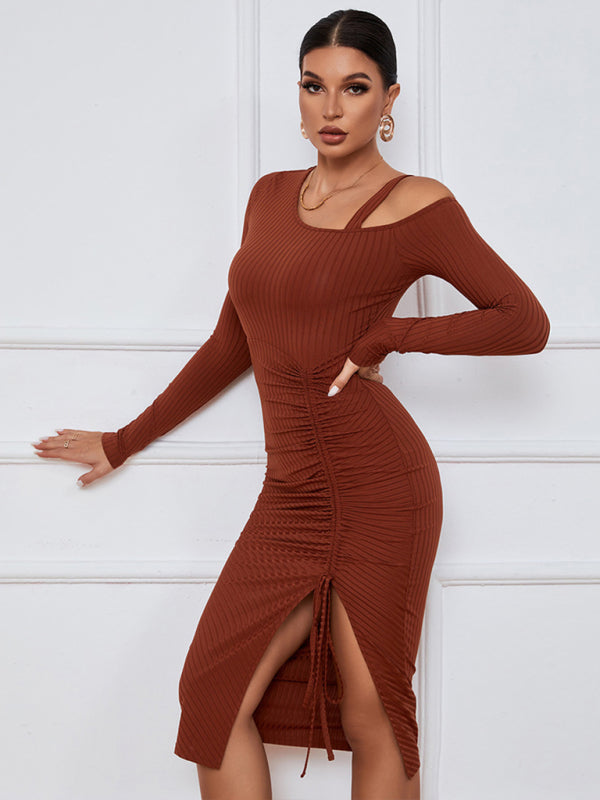 Open shoulder strapless package hip long sleeve sexy dress