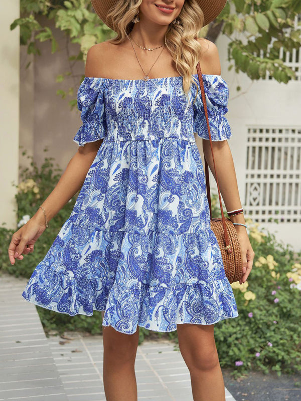 Women's Square Neck Floral Print Chiffon Short Sleeve Dress