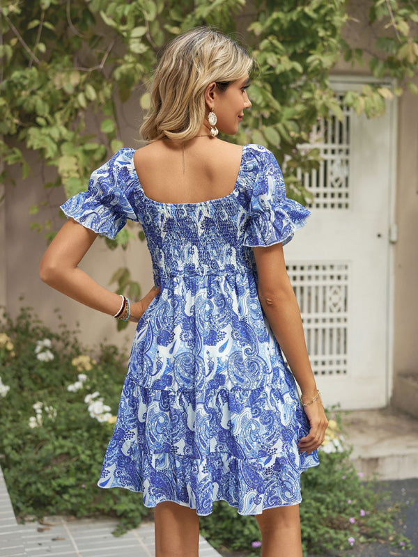 Women's Square Neck Floral Print Chiffon Short Sleeve Dress