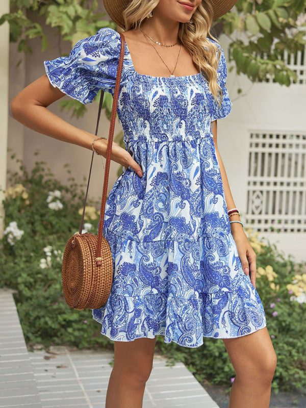 Women's Square Neck Floral Print Chiffon Short Sleeve Dress