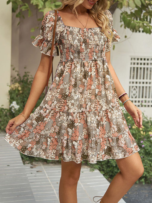 Women's Square Neck Floral Print Chiffon Short Sleeve Dress