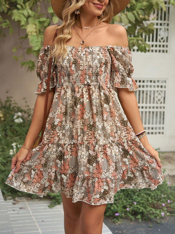 Women's Square Neck Floral Print Chiffon Short Sleeve Dress