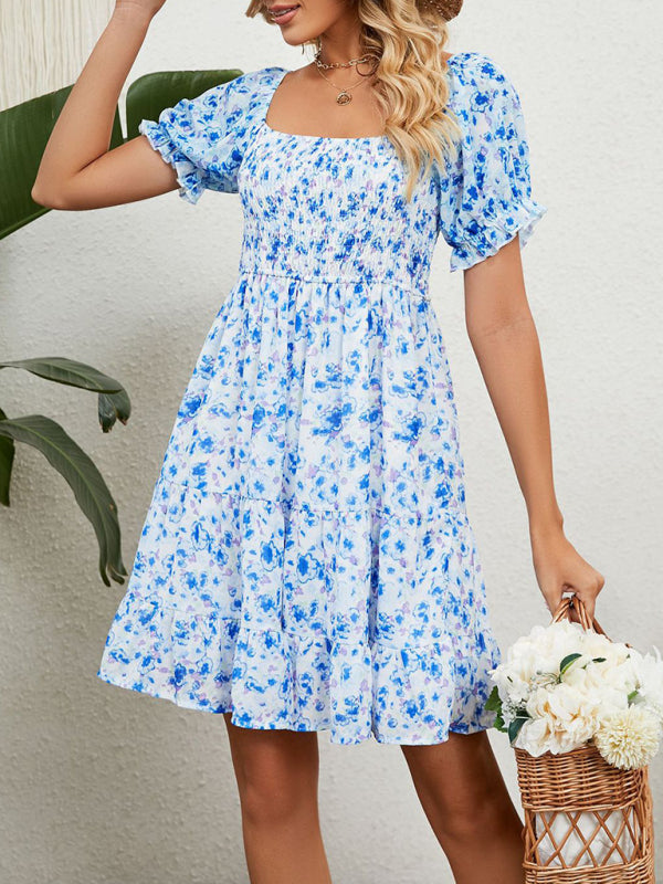 Women's Square Neck Floral Print Chiffon Short Sleeve Dress