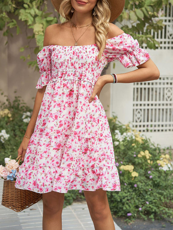 Women's Square Neck Floral Print Chiffon Short Sleeve Dress