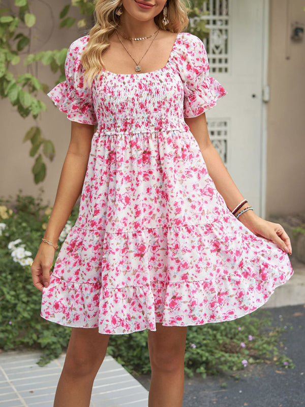 Women's Square Neck Floral Print Chiffon Short Sleeve Dress