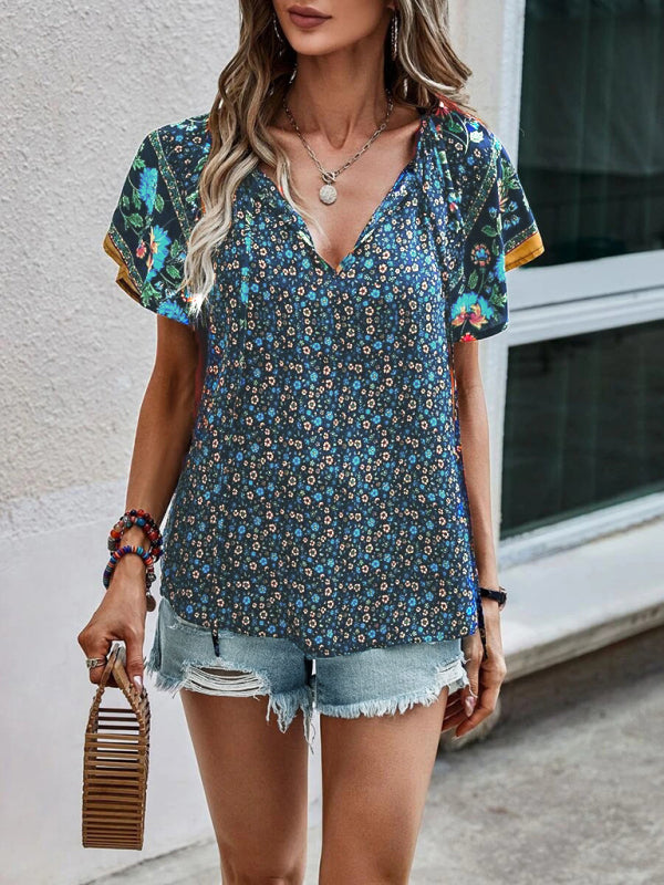 Women's casual ethnic style printed V-neck short-sleeved loose shirt